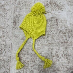 Urban Outfitters Hat Beanie Fitted Womens One Size Yellow Knit Pom Pom Ear Flap